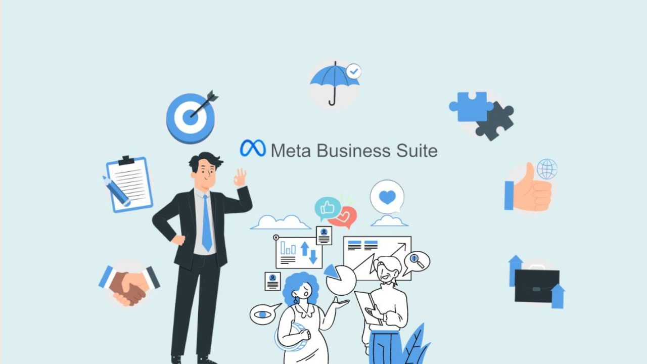 Illustratie van Meta Business Suite en zakelijke symbolen.