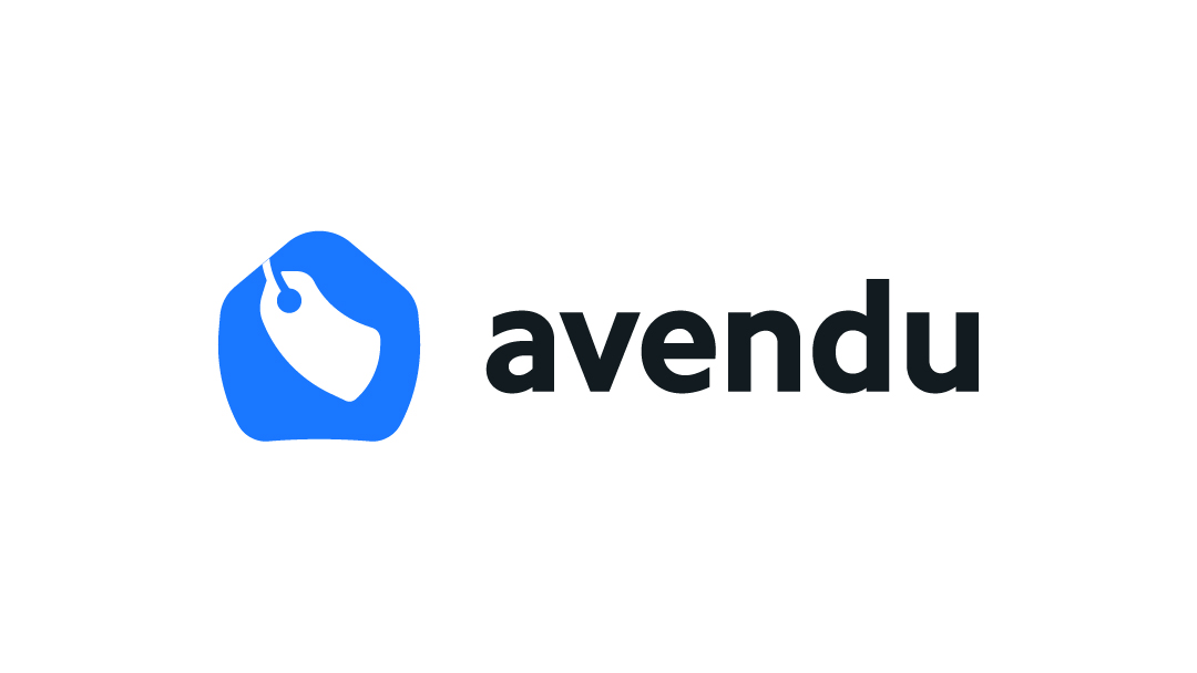 Blauw logo met prijskaartje en tekst 'avendu'.