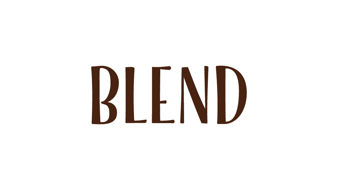 Bruin woord "BLEND" op witte achtergrond.