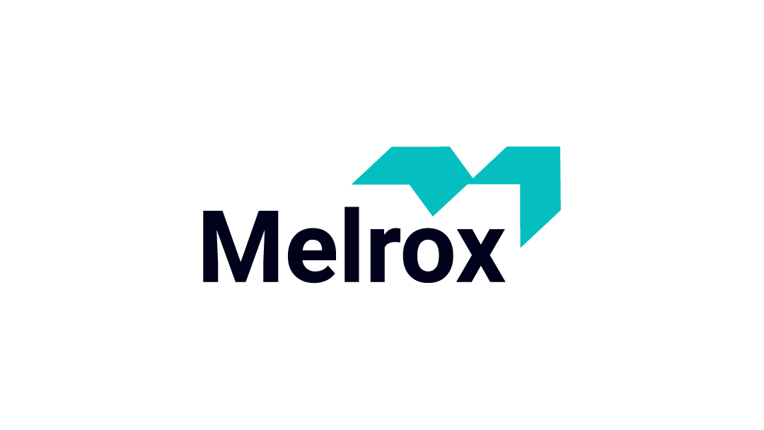 Logo van Melrox met abstracte blauwe M vorm.