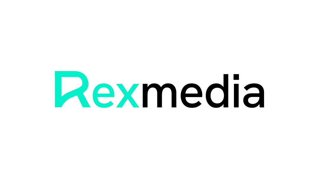 Logo van Rexmedia in zwart en turquoise.